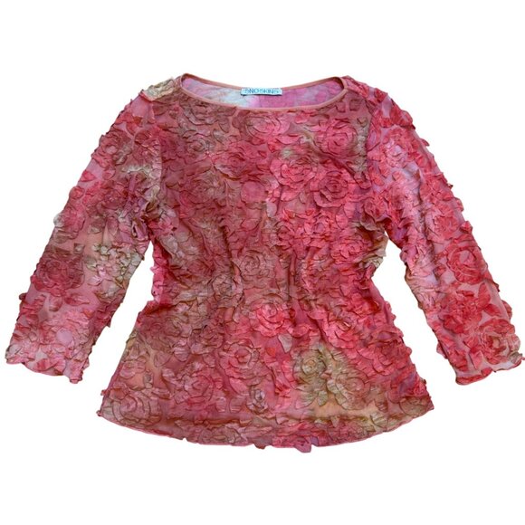 Vintage Snoskins Textured Floral Red & Gold Sheer 3D Top M - Picture 1 of 6